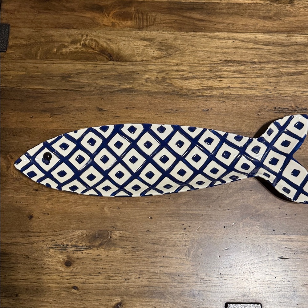 MUDPIE ceramic 17” blue fish serving dish platter plate tray home accent - Picture 3 of 6